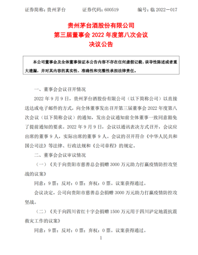 茅台向川黔捐赠4500万元；舍得酒业动销赢双节；宁夏葡萄酒签约173亿